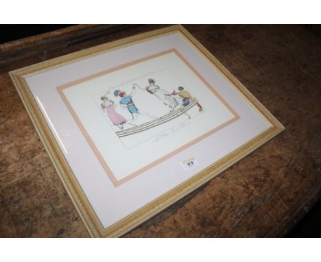A French colour print of 18th style "Le Bon Genre 25-Forioso or La Contredanse sur Quatre Cordes", 25 x 32 cm in painted fram