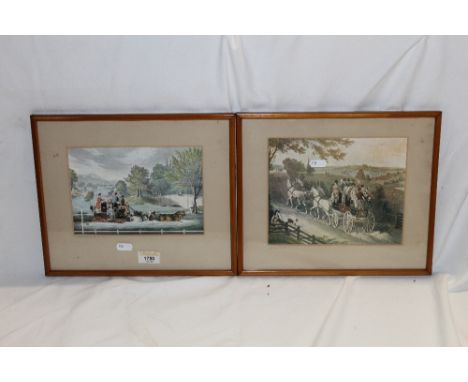 A pair of Victorian coloured coaching prints, within card mounts and slender frames. The reverse of one with the attribution 