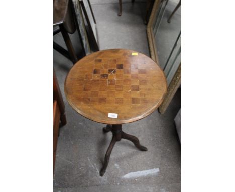 A 19th century mahogany pedestal games table, with circular checkerboard top, 71.5 x 47 cm. CONDITION REPORT: Scratching to t