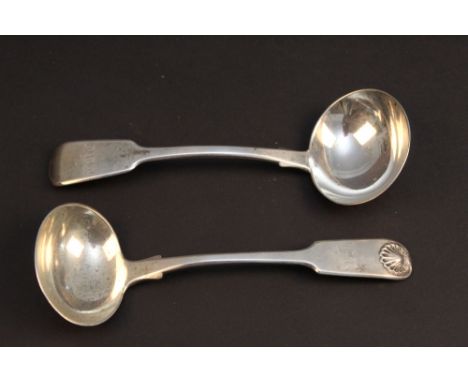 An early Victorian Newcastle silver sauce ladle, Fiddle &amp; Shell pattern, engraved initials LR, Newcastle 1860, maker DP o