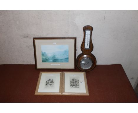 A small 20th century elm barometer, sold together with two modern framed prints of York and also a print of Derwentwater and 