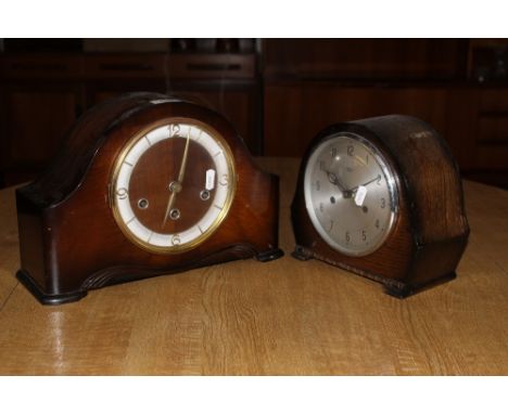 A 1930's walnut mantle clock, together with a 1930's Smith's Enfield oak mantle clock. 23 cm x 34 cm and 21 cm x 21 cm.   CON