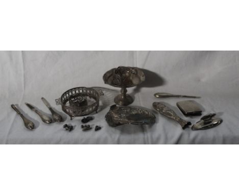 A selection of various silver, damaged. Comprising dressing table jar mounts, silver handled button hooks, napkin rings, cuff