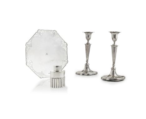 A pair of table candlesticks    Elkington, Sheffield 1908, of oval form, threaded borders, tapering stem, together with; a si