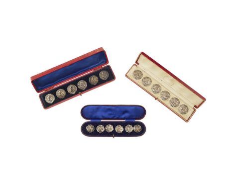 Three cased set of Art Nouveau silver buttons    the first set, Deakin &amp; Francis Birmingham 1903, pierced decoration of s