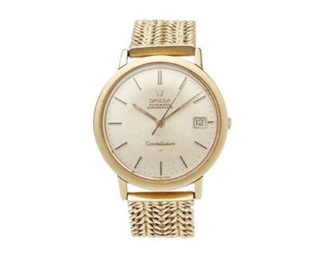 A gentleman's 18ct gold wrist watch, Omega    Constellation, champagne dial, baton indicators, sweep second hand, date apertu