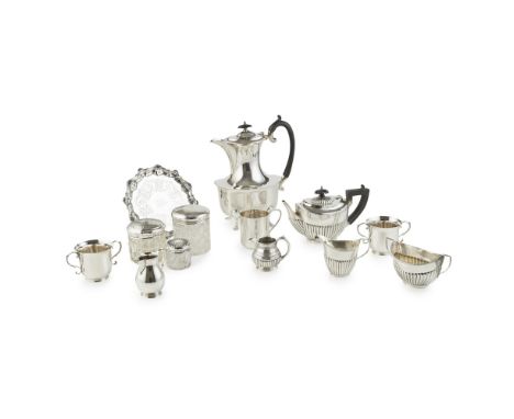 A collection of silver    to include; a bachelor's three piece tea service, London circa 1910, oval demi ribbed; a George III