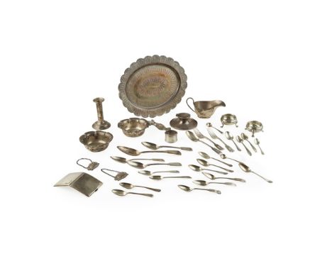 A mixed group of silver and plated items    to include; an Indian oval tray, indistinct marks, engraved decoration and inscri