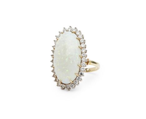 An opal and diamond set cluster ring    claw set with an oval opal cabochon, in a border of round-brilliant cut diamonds, to 