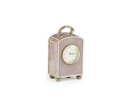 An Art Deco silver and enamel miniature travel clock    Ateliers Juvenia, circa 1930, the rectangular case with arched top an