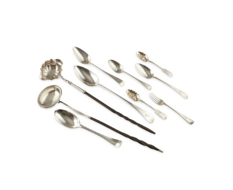 A mixed group of 18th and 19th century flatware    comprising; an Old English pattern gravy spoon, London; three various tabl