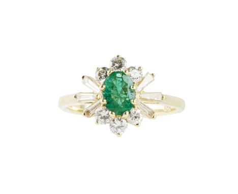 An emerald and diamond set cluster ring    claw set with an oval cut emerald, in a border of six round-brilliant cut diamonds