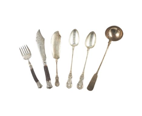 A group of Scottish silver serving flatware    to include: a soup ladle, D McDonald, Glasgow 1836, fiddle pattern; a pair of 