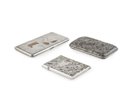 A group of three Asian export silver card and cigarette cases    a Chinese export cigarette case, signed with a seal mark and