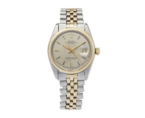 A gentleman's gold and stainless steel wrist watch, Rolex    Oyster Perpetual Datejust, brushed silvered dial, gilt baton ind