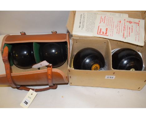 Four Thomas Taylor's Famous Scotch Bowls, two boxed and two in leather carrying case.