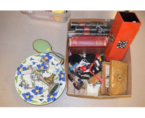 A brass part dressing table set; costume jewellery; a silver-plated three-branch candelabra; a large earthenware glazed dish;