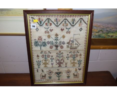 An early 19th Century sampler work by Mary bell (finished....?) with ship flower tree and animal motif.