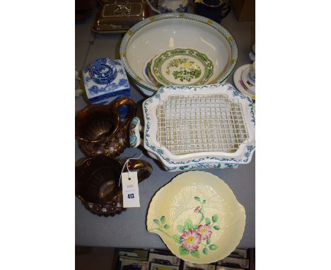 19th Century and later ceramics, to include: two copper lustre jugs; a Ringtons tea caddy; Cartlon ware Australian design dis