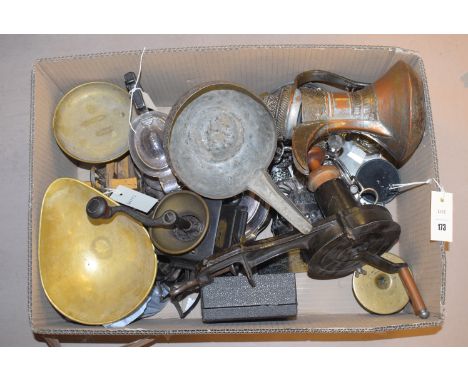 The "Rapid" marmalade cutter, No.25866/32, by Follows & Bate Ltd.; Middle Eastern copperware; a pair of Avery scales; coffee 