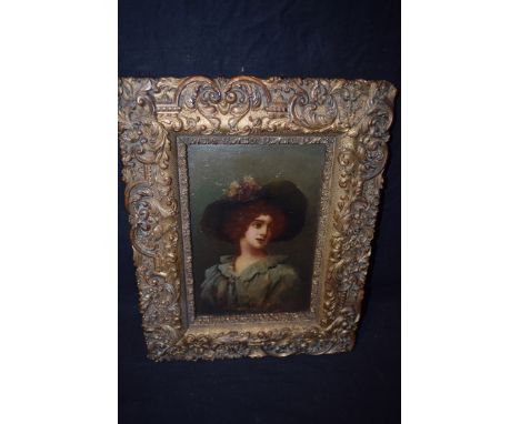 John Andrew McColvin - portrait of a young woman in a broad-brimmed hat, signed, oil on board.
