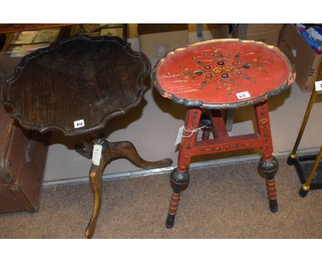 A reproduction mahogany occasional table with shaped edge; and a Continental hand-painted occasional table, raised on tripod 