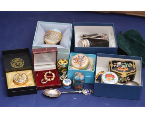 Halcyon Days patch boxes; silver and black stained cultured pearl necklaces; commemorative teaspoons; and other items.