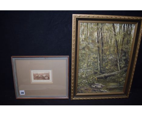 A sepia etching by K. Ferguson - "Winter Feed", signed inscribed and dated '81 no.8/30; and an oil painting by Bettney - wood