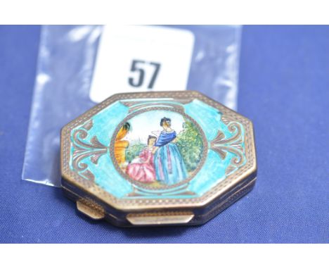 A continental silver and enamel box decorated with a scene of two ladies in a garden, British import marks.