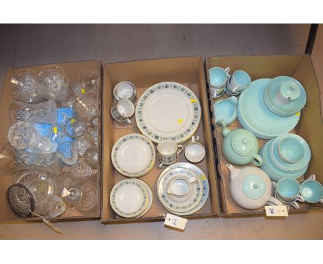 Part dinner and tea ware services, to include: Poole and Royal Doulton 'Tapestry' pattern; a quantity of various cut glasswar