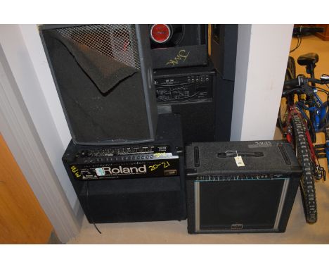 A Roland KC-500 stereo mixing keyboard amplifier, model no. KC-500ET; a Sheffield amplifier; and a speaker.  (3)