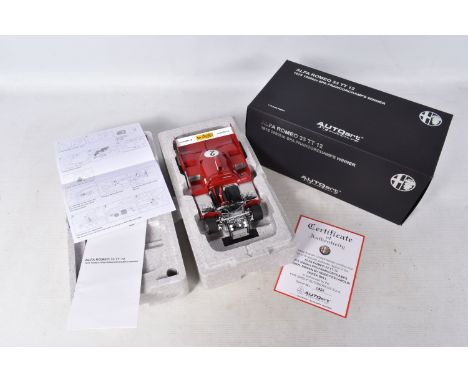 A BOXED AUTOART SIGNATURE ALFA ROMEO 33 TT 12 1:18 MODEL DIE-CAST VEHICLE, 1975 1000km SPA Francorchamps Winner Pescarol/Bell