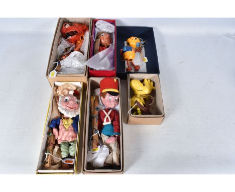 SIX BOXED PELHAM FILM, TV OR LITERATURE RELATED PUPPETS, SL Noddy (Missing hat?), SL Big Ears, SL Bom, Woodstock from Peanuts