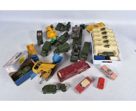 A QUANTITY OF DINKY AND CORGI TOYS, to include model military vehicles such as a Dinky army wagon 623, a Dinky Supertoys Tank