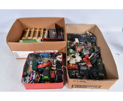 THREE BOXES OF BOXED AND UNBOXED DIECAST VEHICLES, to include Lledo, Mobil, Shell, Matchbox and antique classic boxed models,