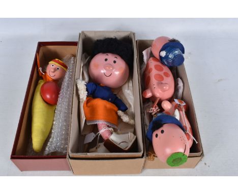 FOUR BOXED PELHAM MAGIC ROUNDABOUT PUPPETS, Florence stick puppet, Brian finger puppet and two Ermintrude string puppets, one