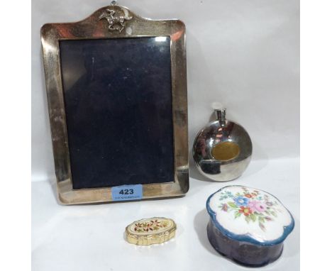 A plated photograph frame with applied horse racing motif, a Wolverhampton Racecourse Winner 2004 flask etc.