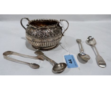 A Victorian silver foliate repousse decorated sucrier, Birmingham 1887, a silver salt spoon, a plated sugar bow and two plate