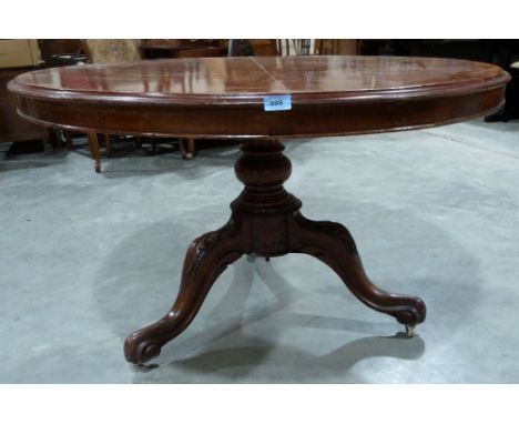 A Victorian mahogany snap-top supper table on bulbous column and carved tripod support. 47' diam