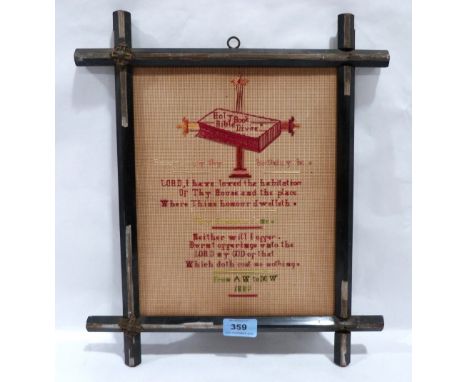 A Victorian needlework sampler, stitched with a religious verse dated 1889. In Arts and Crafts frame. 11' x 9'