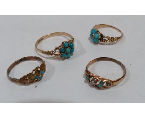 A 19th century turquoise cluster mourning ring and three other turquoise or split pearl rings