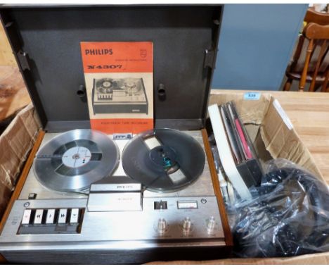 A Philips N4307 reel to reel tape recorder with instruction manual and accessories