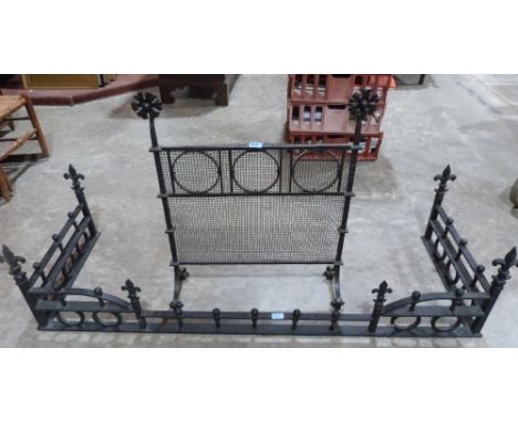 An iron fender, 60' wide; together with a wrought iron fire guard