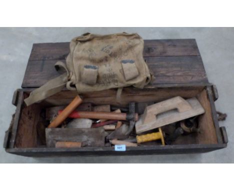 A pine box of miscellaneous tools