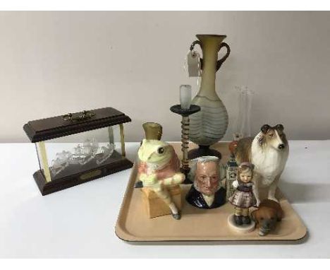 A tray of The Columbus Fleet in display case, miniature Doulton character jug, Hummel figure, dog figure, glass spill vases e