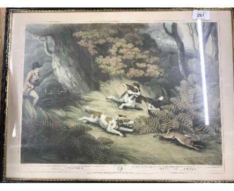 Set of six hand coloured etchings depicting hunting scenes 