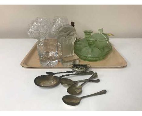 Tray of plated cutlery, two glass trinket sets, antique chemist bottles etc
