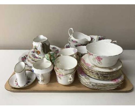 A tray containing a part Phoenix china and Queen Anne china tea service, Staffordshire milk jug, Royal Worcester miniature va