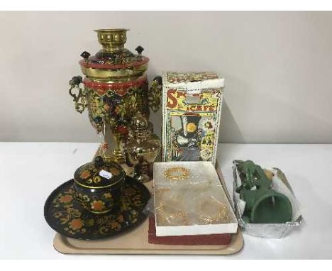 A tray containing a boxed Russian samovar, boxed Spong coffee maker, vintage mincer etc