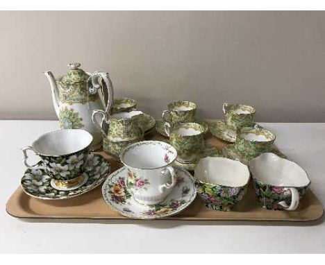 A tray containing a fifteen piece Royal Albert Paisley Shawl china tea service together with a Nelson pottery sugar basin and